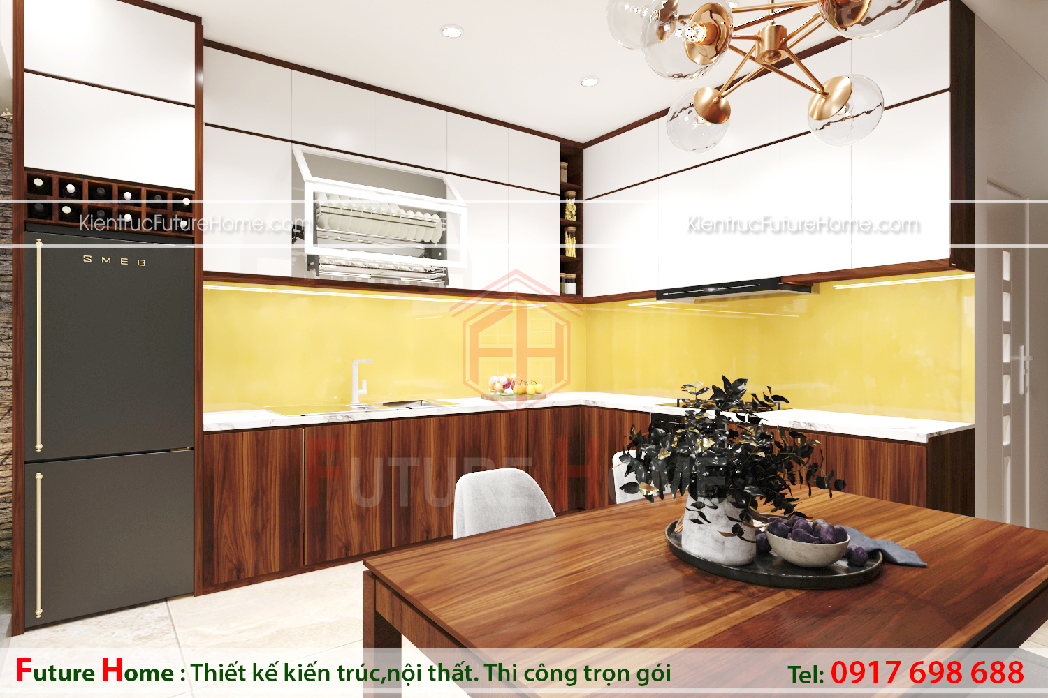 Kệ bếp ốp tường tráng men màu vàng, làm sáng không gian nhà bếp